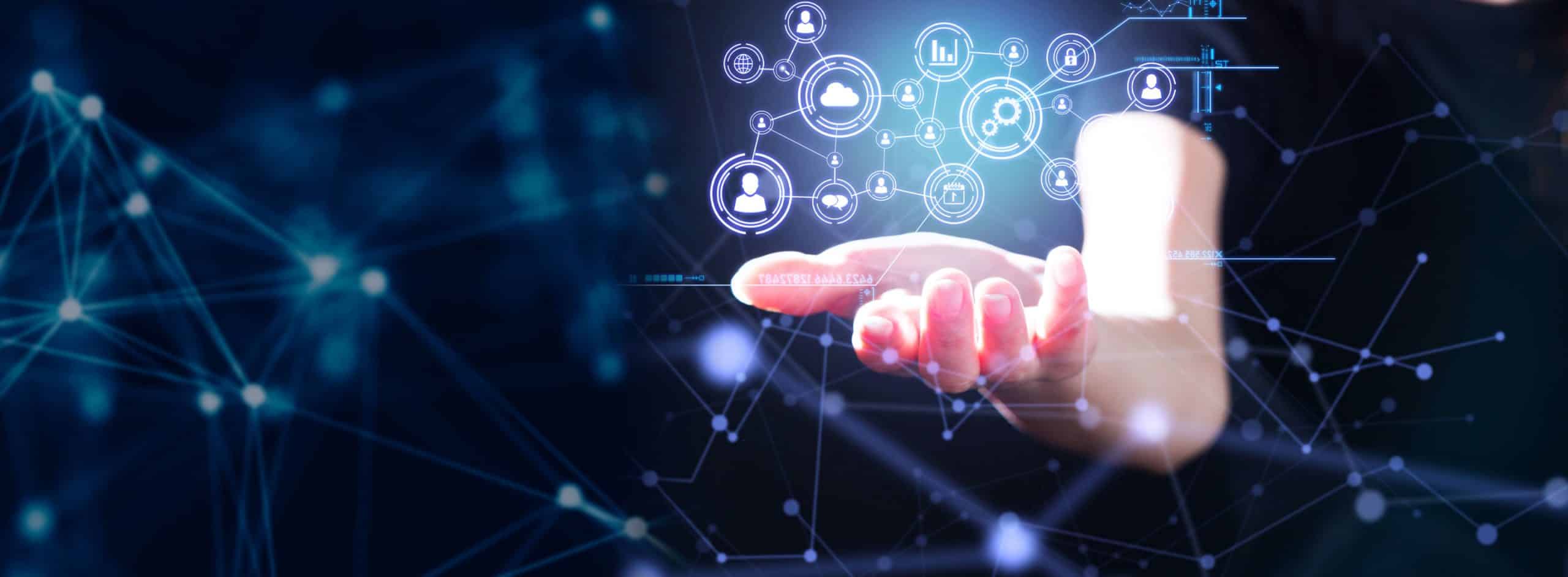 hand with digital icons floating above it