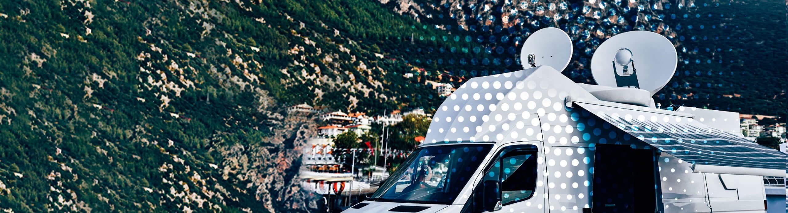 remote broadcast van with satellite dishes on top